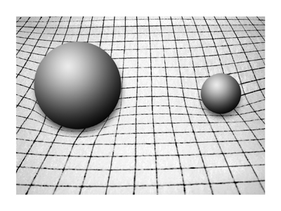 The warping of flat space (indicated as a 2-dimensional grid).