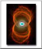 The Hourglass Nebula This is an image of MyCn18, a young planetary nebula located about 8,000 light-years away, taken with the Wide Field and Planetary Camera 2 (WFPC2) aboard NASA's Hubble Space Telescope (HST).  This  Hubble image reveals the true shape of MyCn18 to be an hourglass with an intricate pattern of etchings in its walls.  This  picture has been composed from three separate images taken in the light of ionized nitrogen (represented by red), hydrogen (green), and doubly-ionized oxygen (blue).