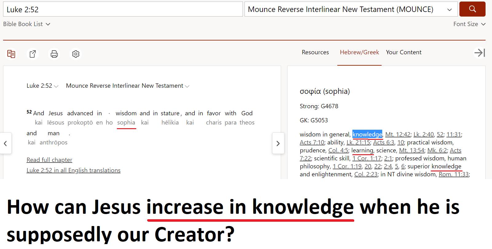 May be an image of text that says 'Luke 2:52 Bible Book st Mounce Reverse Interlinear New Testament (MOUNCE) Luke 2:52 Mounce Reverse Interlinear New Testament Resources Font Size Hebrew/Greek Your Content advanced in wisdom and lesous en ho sophia kai and anthropos → and kai σοφία (sophia) charis God theos Strong: G4678 GK: G5053 Readfullchapter Luke2:52.nalEnglish.ranslatios > general, knowledge, 11:31; ability, Ats6:3 wisdom prudence, learning, science, Mt.13:54; Mk.6:2; 7:22; scientifio skill. 2:1; professed wisdom, human philosophy, superio nowledge and enlightenment divine wisdom, Rom.11:33 in How can Jesus increase in knowledge when he is udly our Creator?'